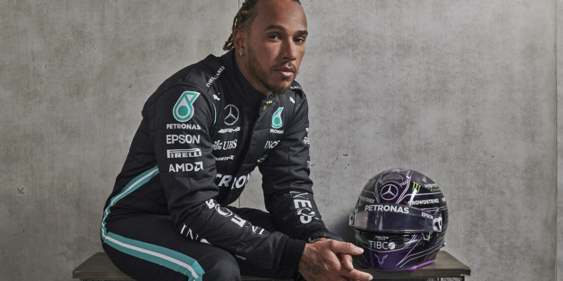 Lewis Hamilton with Mercedes helmet